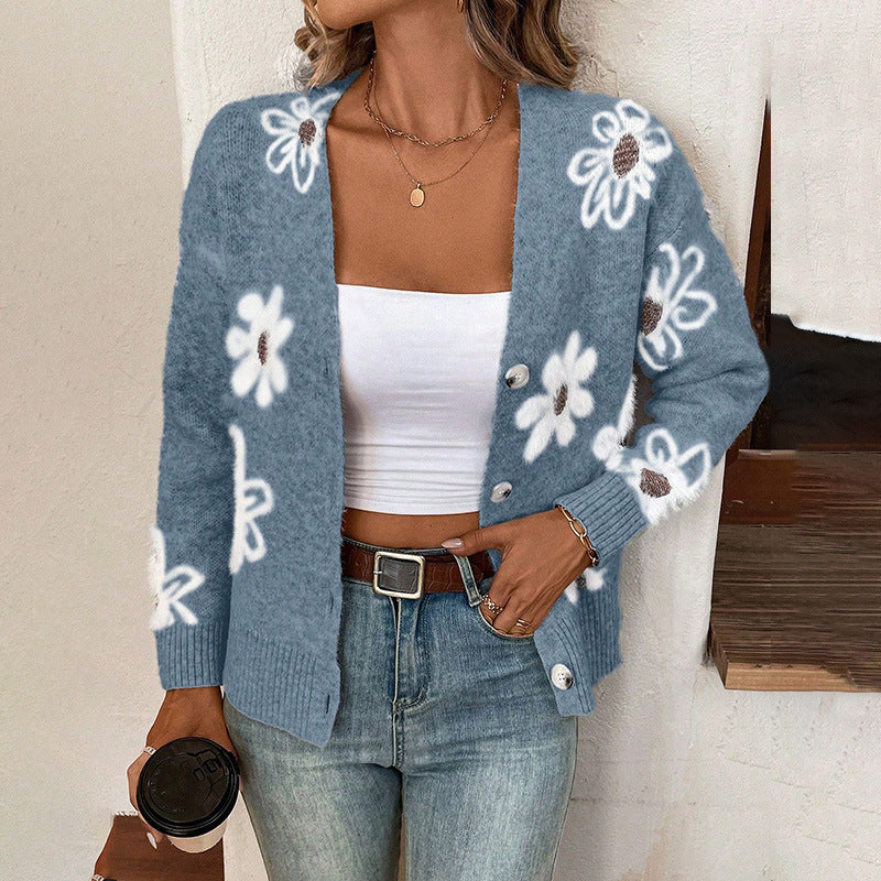 Durable Casual Flowers Print Button Front Sweaters