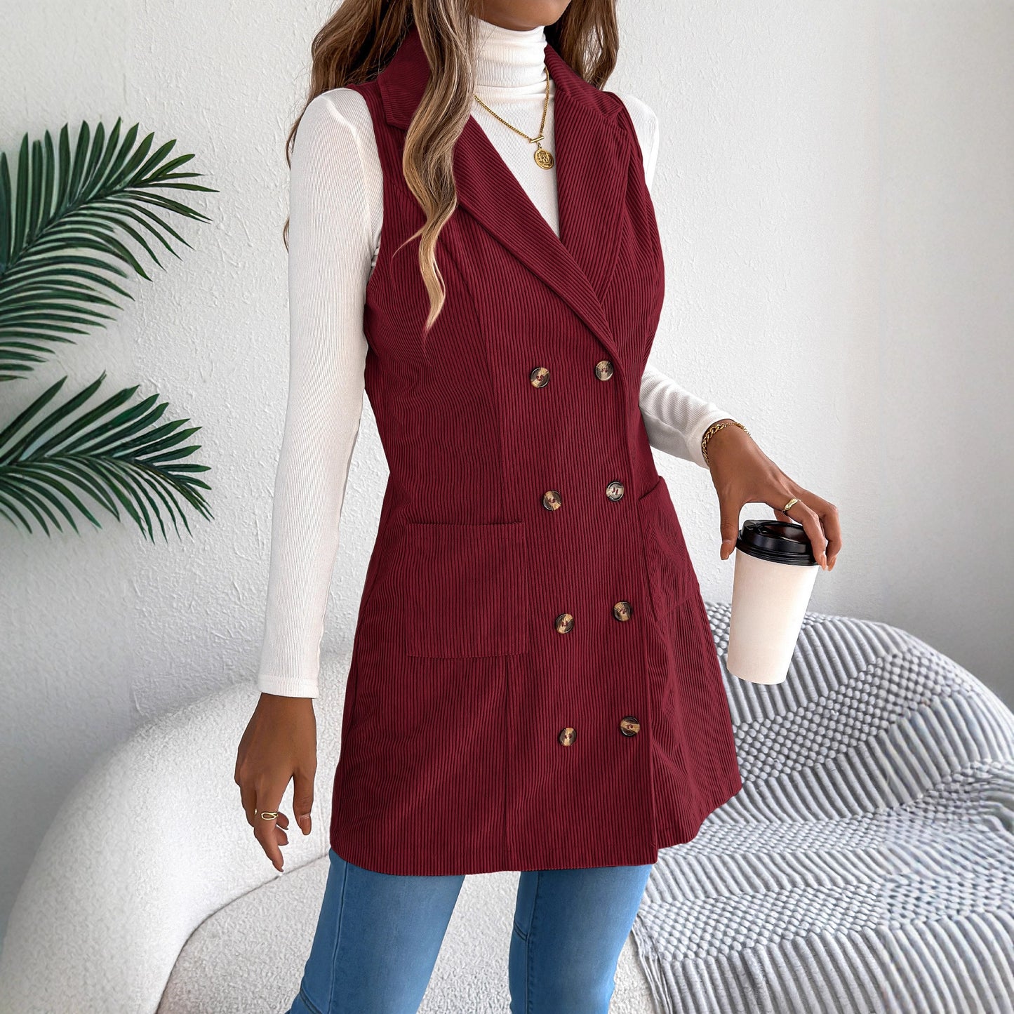 Women's Solid Color Double Breasted Pocket Corduroy Vests