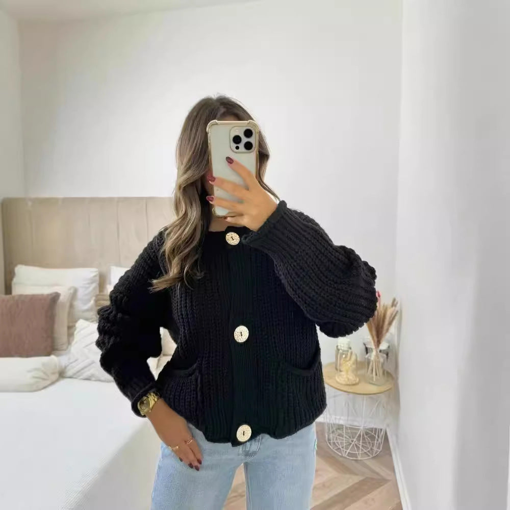 Women's Thick Needle Long Sleeve Large Buttons Sweaters