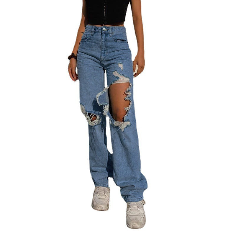 Women's Summer Loose Personality Ripped Straight Casual Women's Jeans