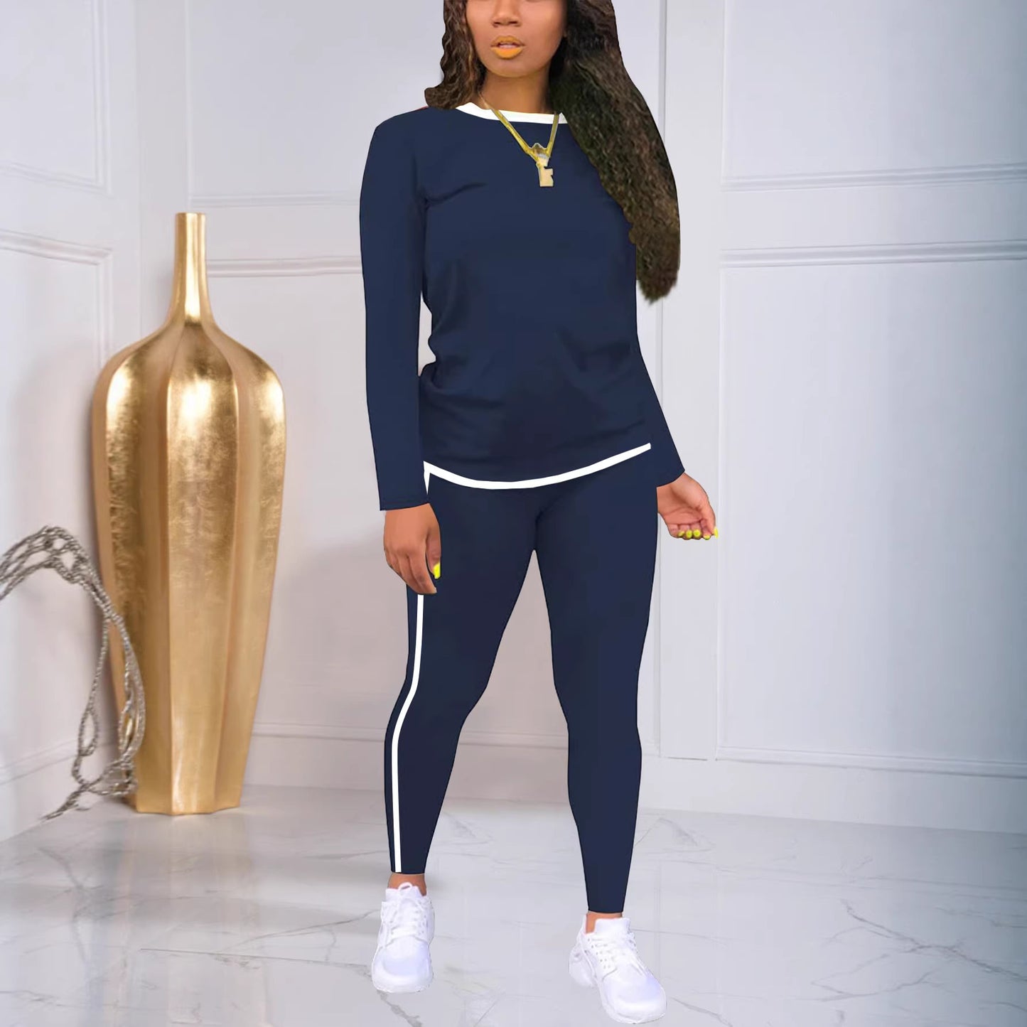 Women's Round Neck Long Sleeve Patch Trousers Side Suits