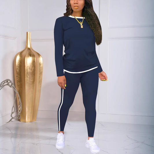 Women's Round Neck Long Sleeve Patch Trousers Side Suits