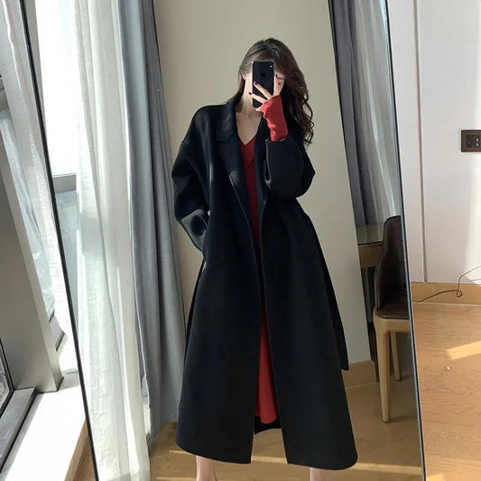 Women's Black Woolen Overcoat Mid-length Temperament Goddess Coats