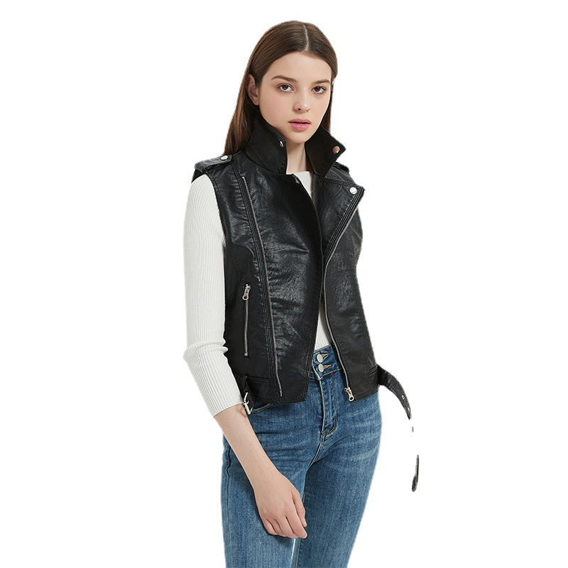 Women's Solid Color Slim Motorcycle Lapel Belt Zipper Jackets