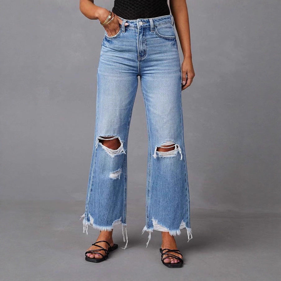 Women's Ripped Tassel Personality Street High Waist Straight Casual Wide Leg Clothing