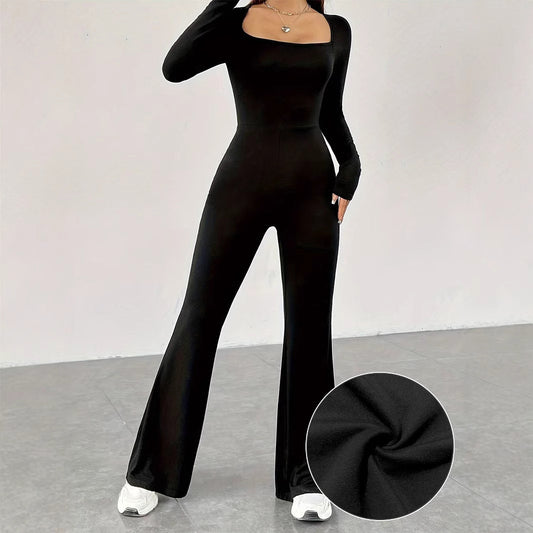 Women's Square Collar Long Sleeve Flared Tight Women's Jumpsuit/clothing