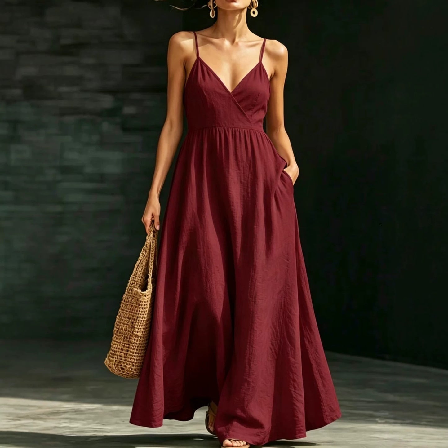 Women's Summer Backless Strap Pocket Elegant Long Dress