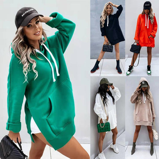 Women's Solid Color Casual Hooded Mouse Bag Rope Brushed Women's Sweater, Sweater