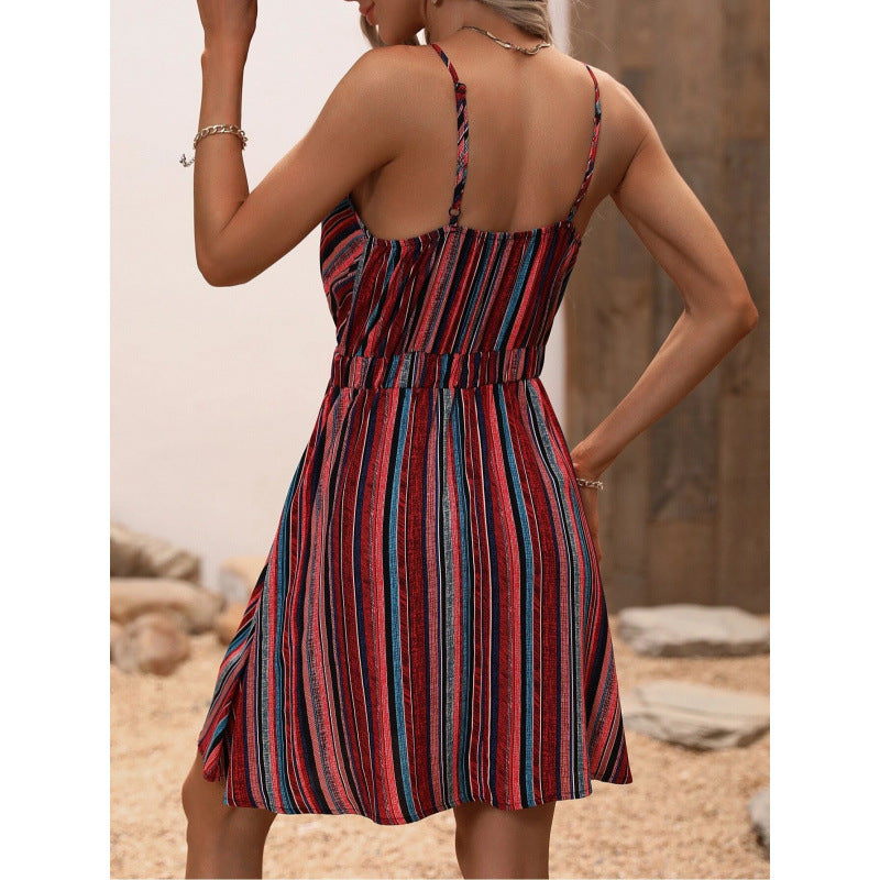 Women's Summer Striped Wrap Spaghetti Strap Elastic Dress