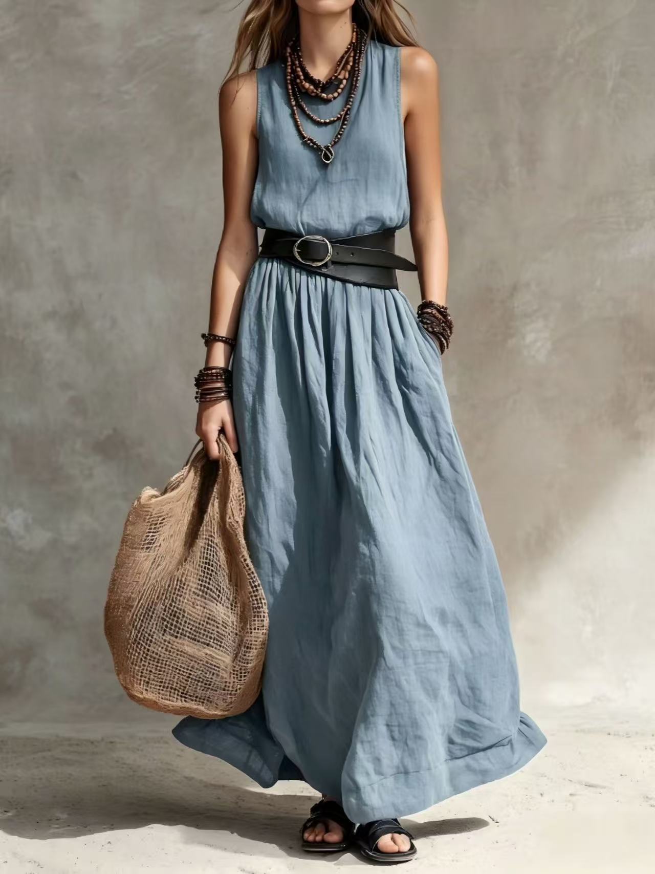 Women's French Style Temperament Lapel Sleeveless Summer Dress