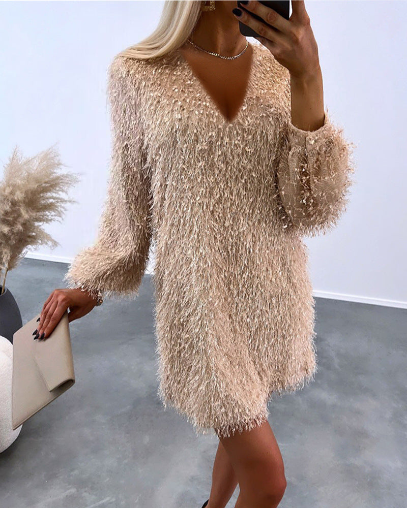 Women's Fashion Round Neck Furry Tassel Dress Jumpsuits