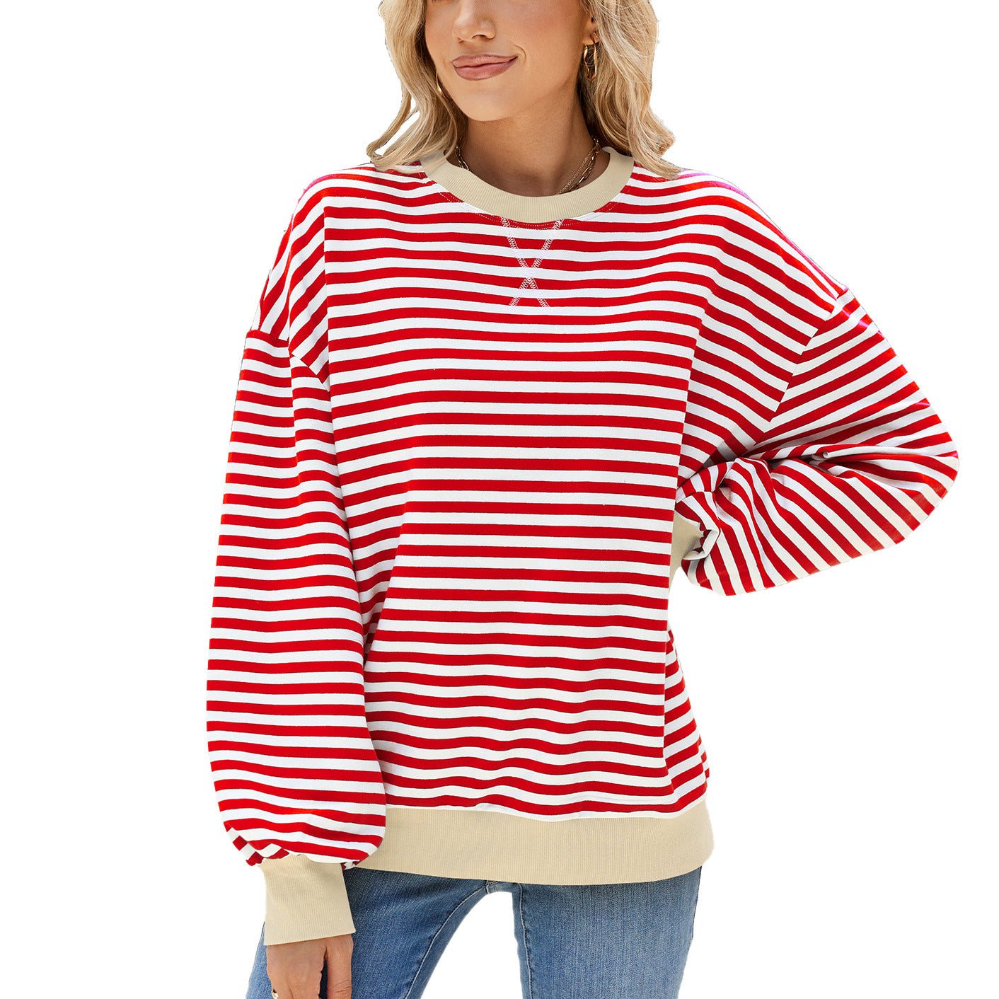 Women's Round Neck Contrast Color Loose Long Sleeve Women's Sweater, Sweater