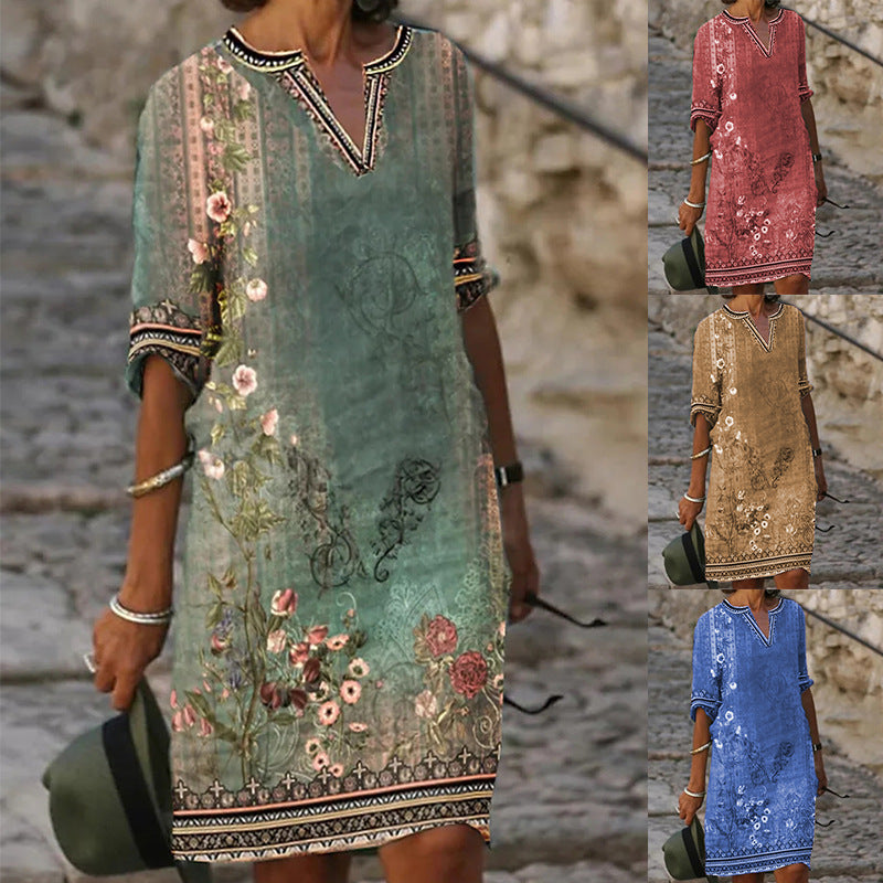 Women's Casual Retro Printed Summer Sleeve Dress