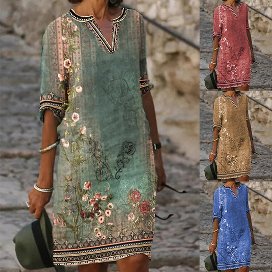 Women's Casual Retro Printed Summer Sleeve Dress
