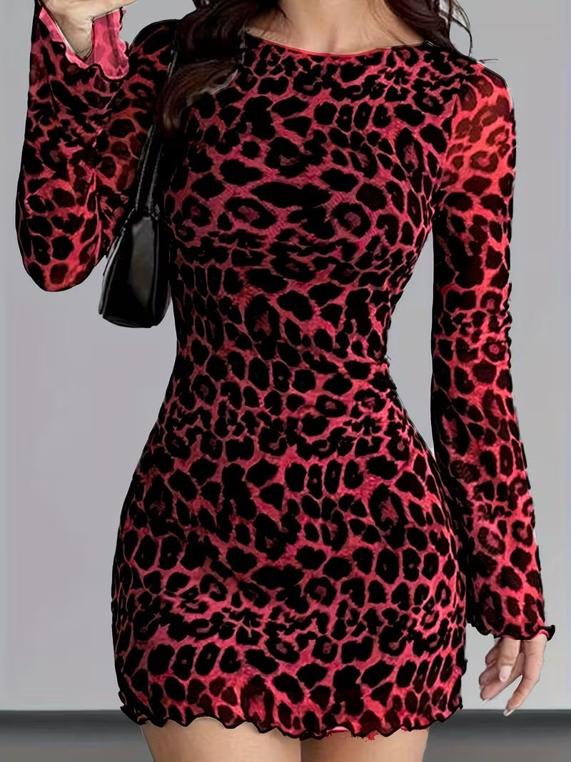 Women's Sexy Leopard Print Fashion Long-sleeved Lady Elegant Dress