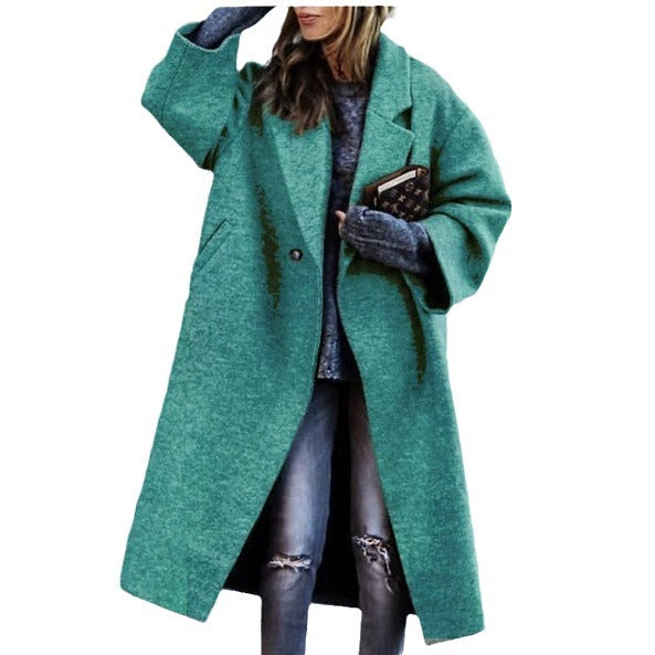 Women's Long Woolen Color Temperament Commute No Belt Lapel Loose Coats
