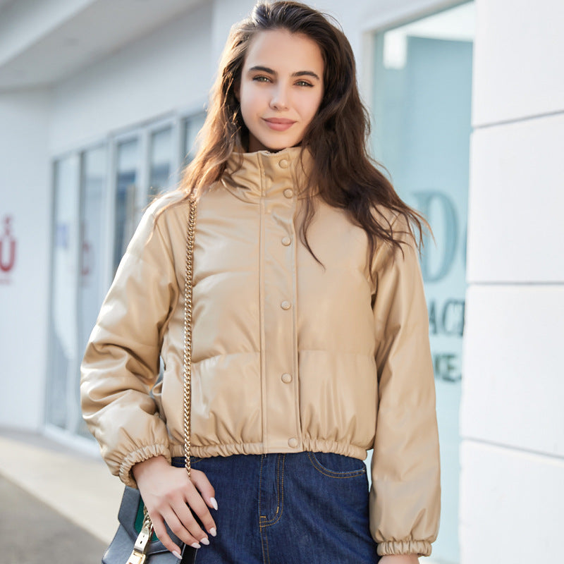 Women's Leather Cropped Stand Collar Cotton Jackets