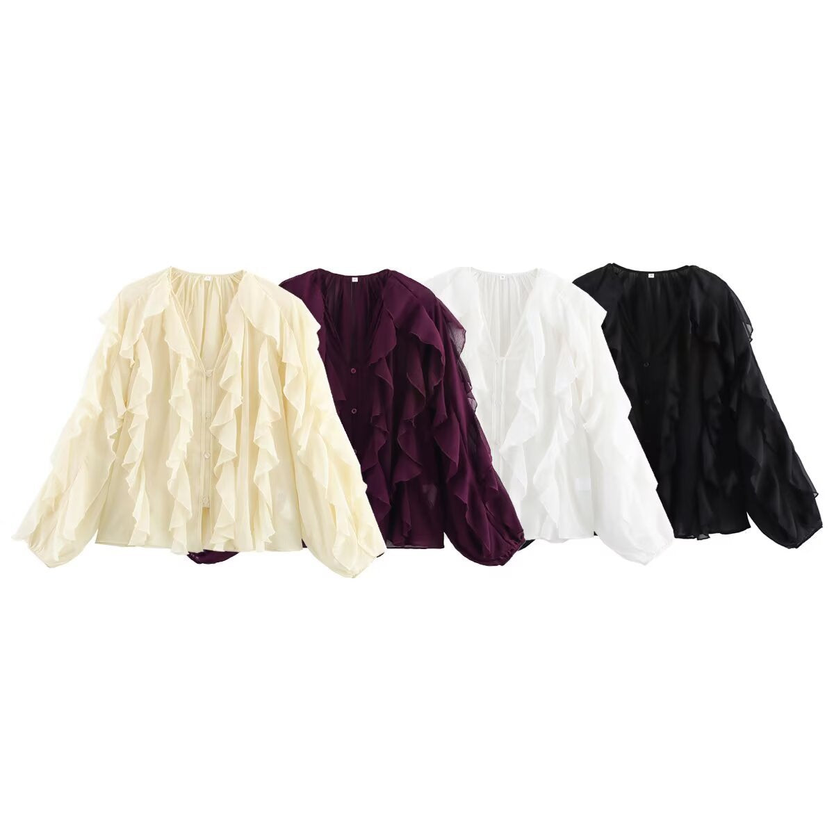 Women's Fashion Design Ruffled Laminated Decoration Shirt Blouses