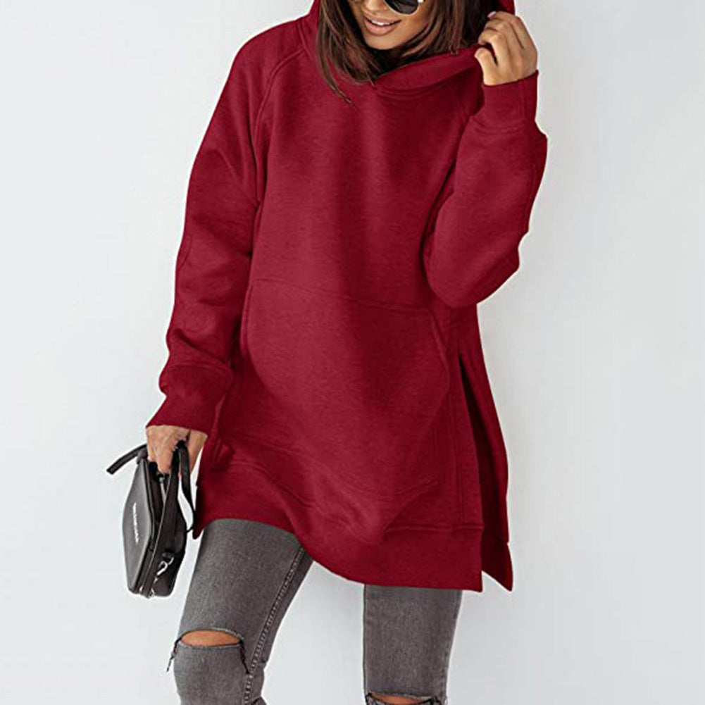 Women's Sleeve Round Neck Fleece-lined Solid Color Pocket Loose-fitting Women's Sweater, Sweater