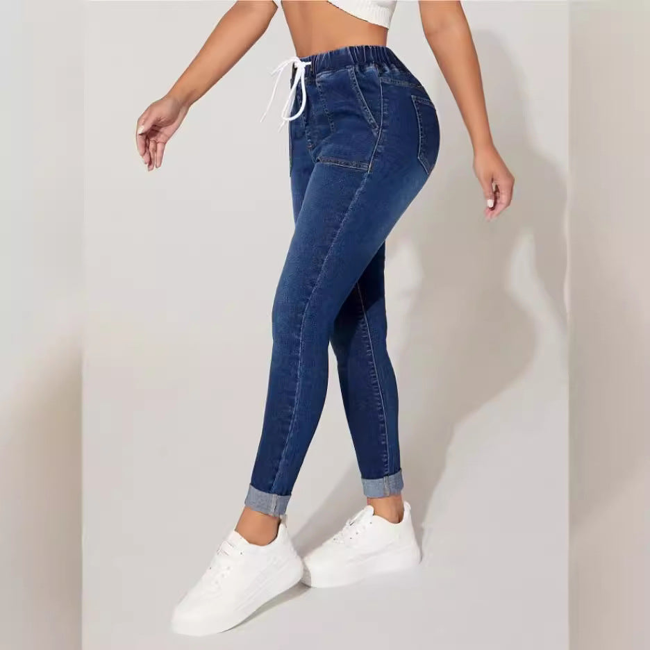 Women's Cropped Drawstring Elastic Waist High Skinny Jeans