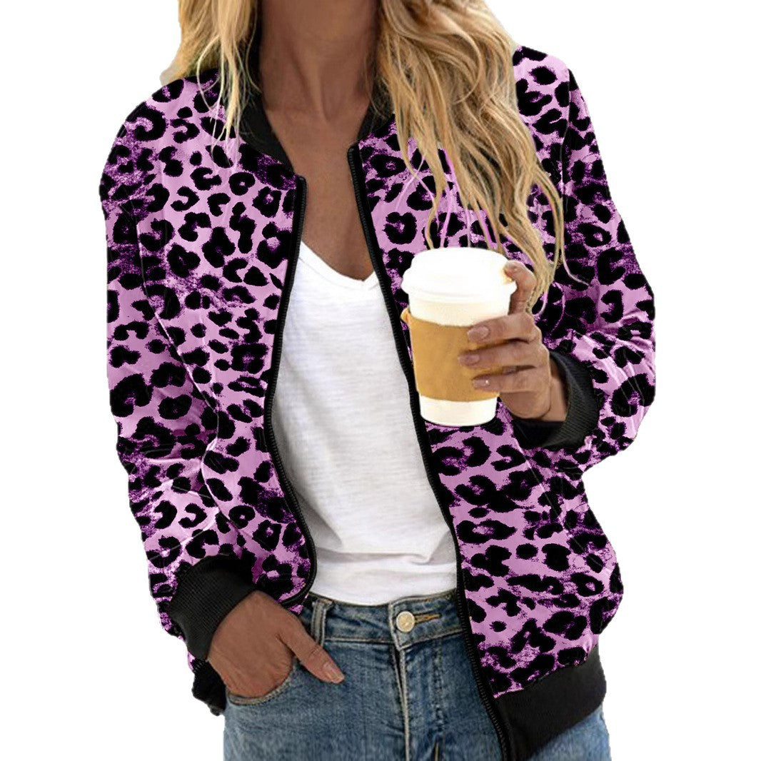 Autumn Leopard Print Stand Collar Zipper Women's Sweater, Sweater