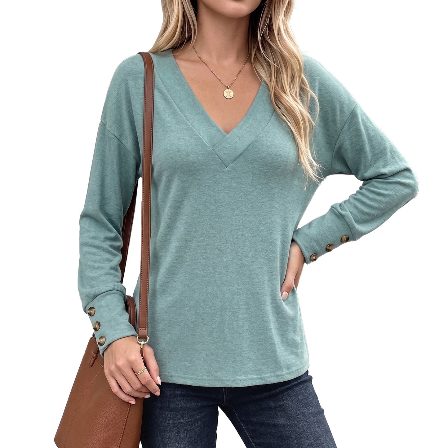 Solid Color Loose Button Long-sleeved Brushed Women's T-shirt