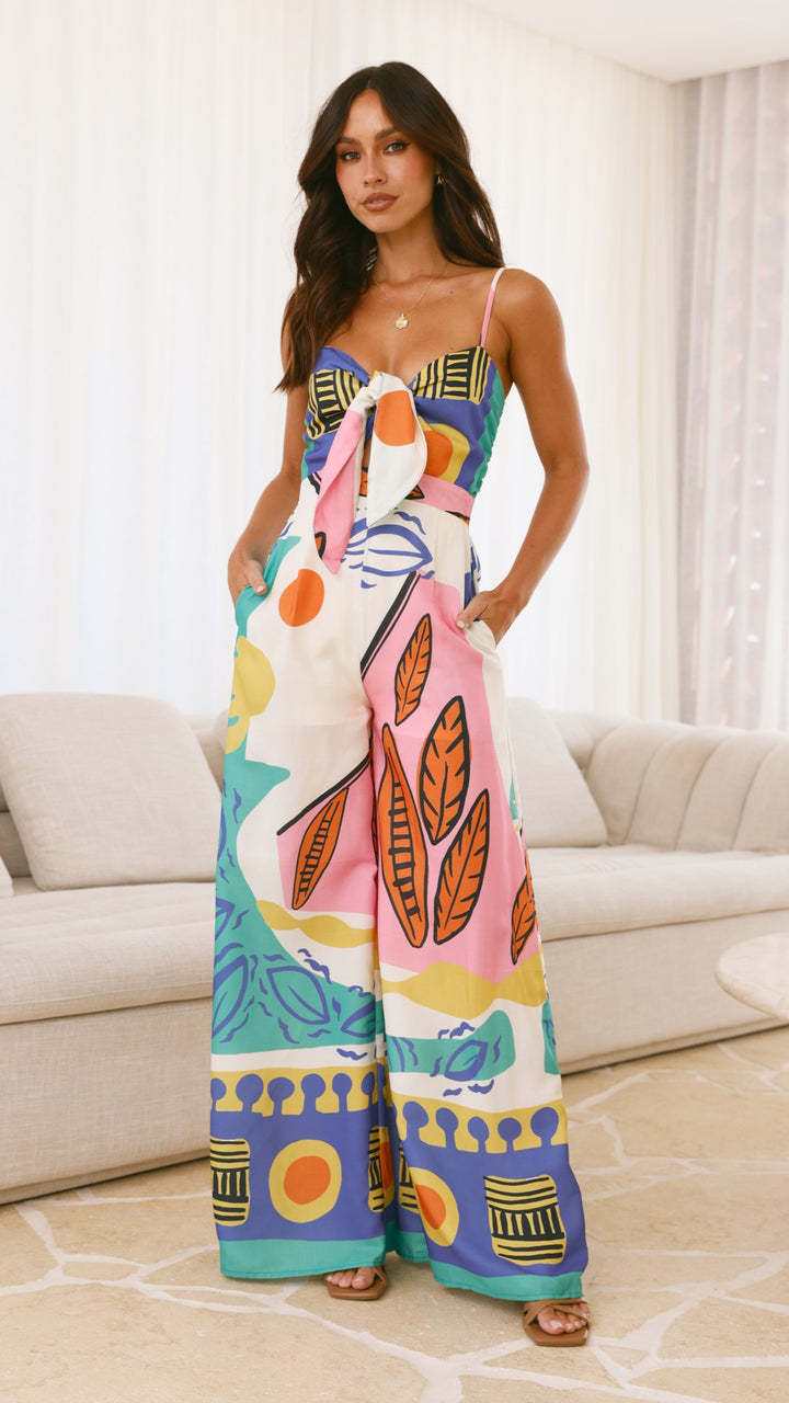 Smocking Suspender Knotted Wide Leg Straight Jumpsuits