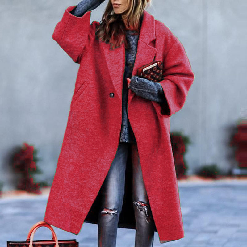 Women's Long Woolen Color Temperament Commute No Belt Lapel Loose Coats