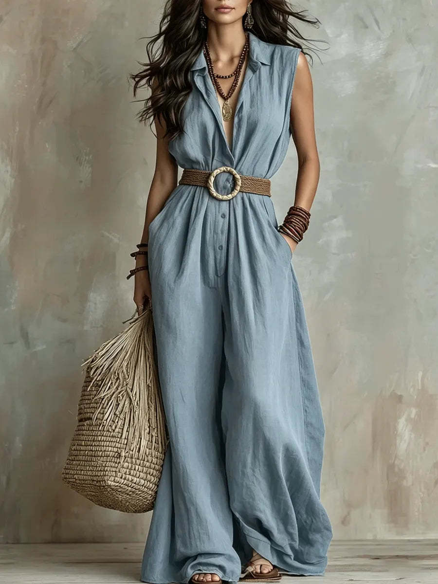 Women's Vacation Style Sleeveless Lapel Waist Tight Slimming Wide Leg Casual Women's Jumpsuit/clothing