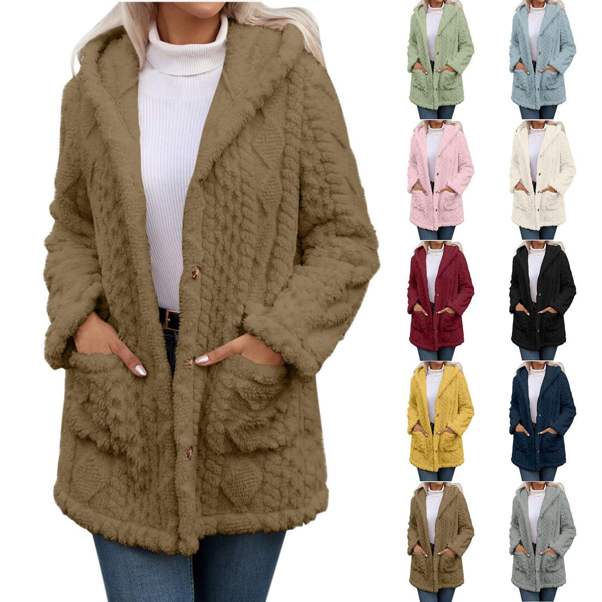 Hooded Solid Color Button Long Sleeve Women's Sweater, Sweater