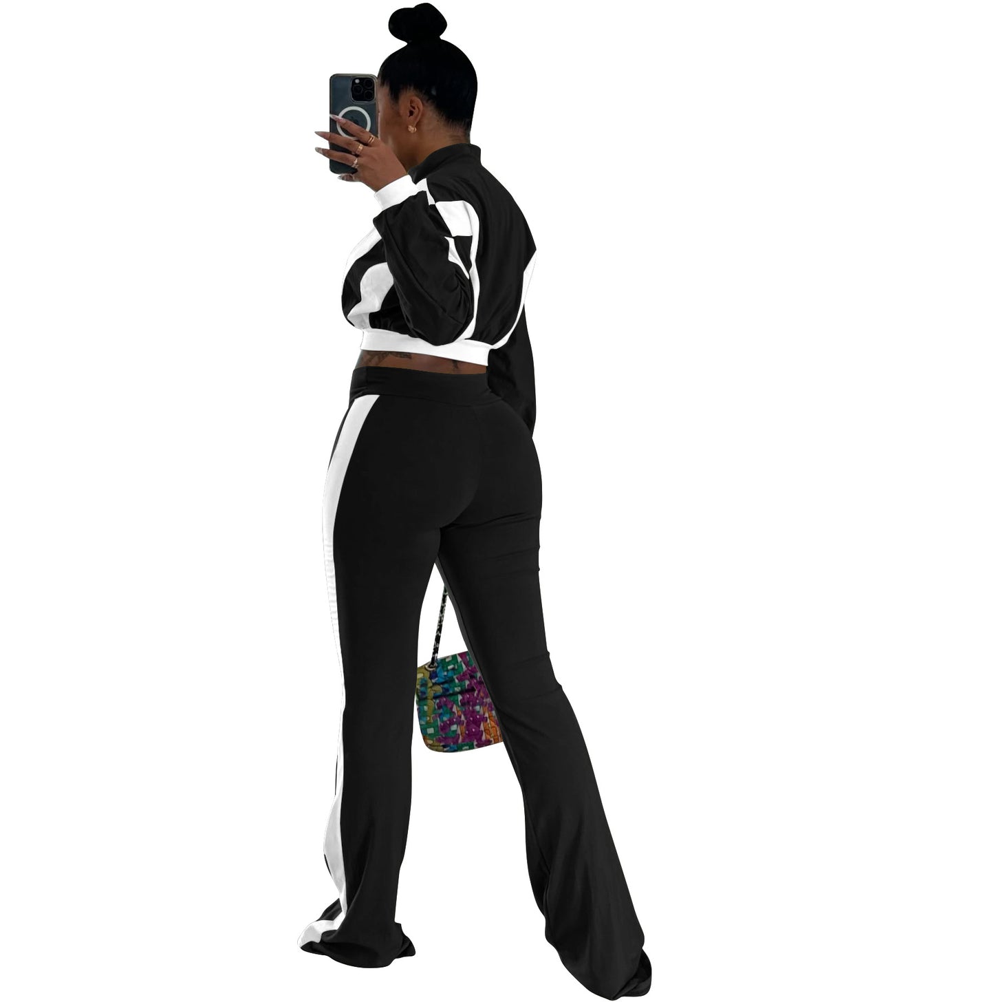 Women's Color Matching Design Slim Fit Bell-bottom Long Suits