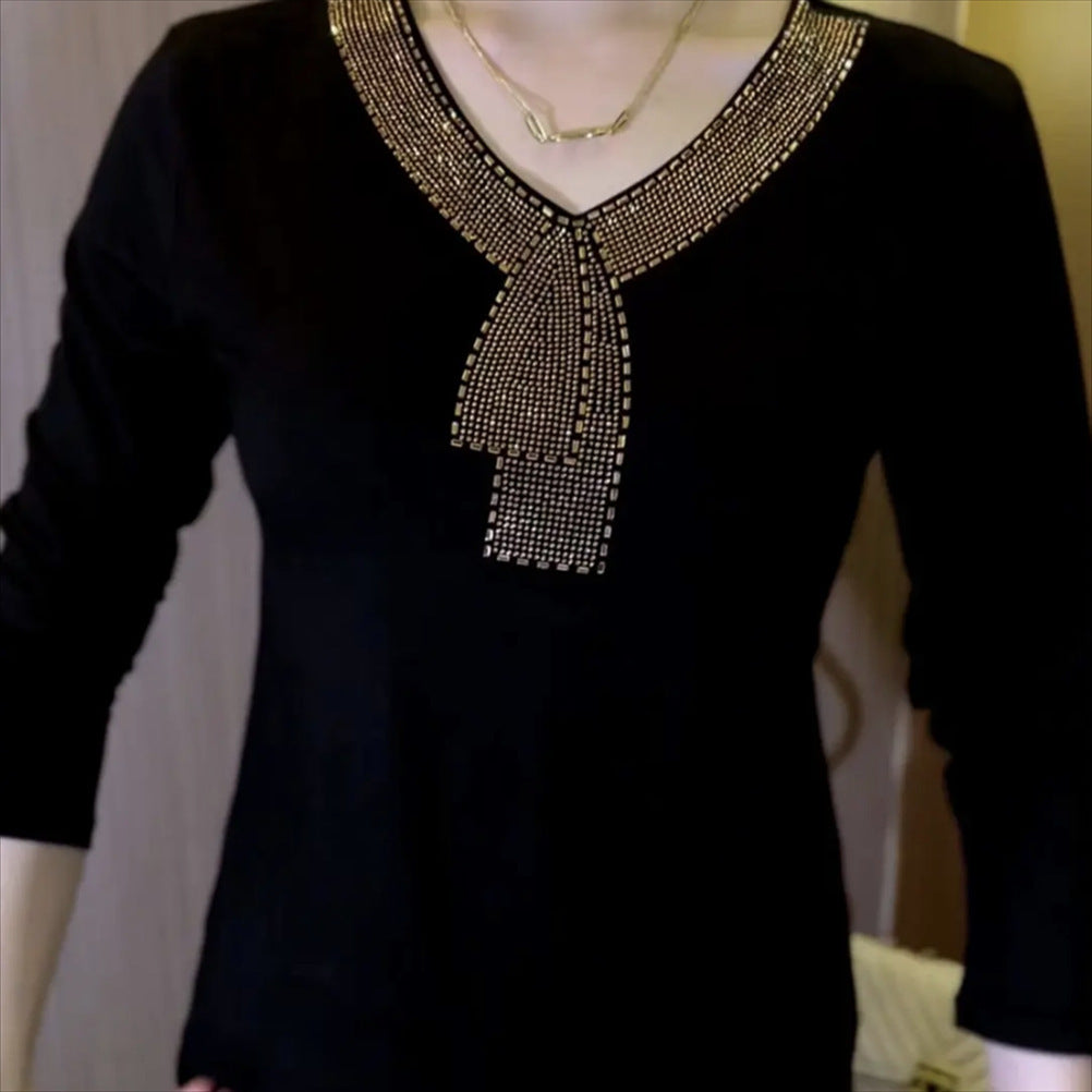Women's Fleece-lined Thickened Winter Slimming Long-sleeved Rhinestone Women's T-shirt
