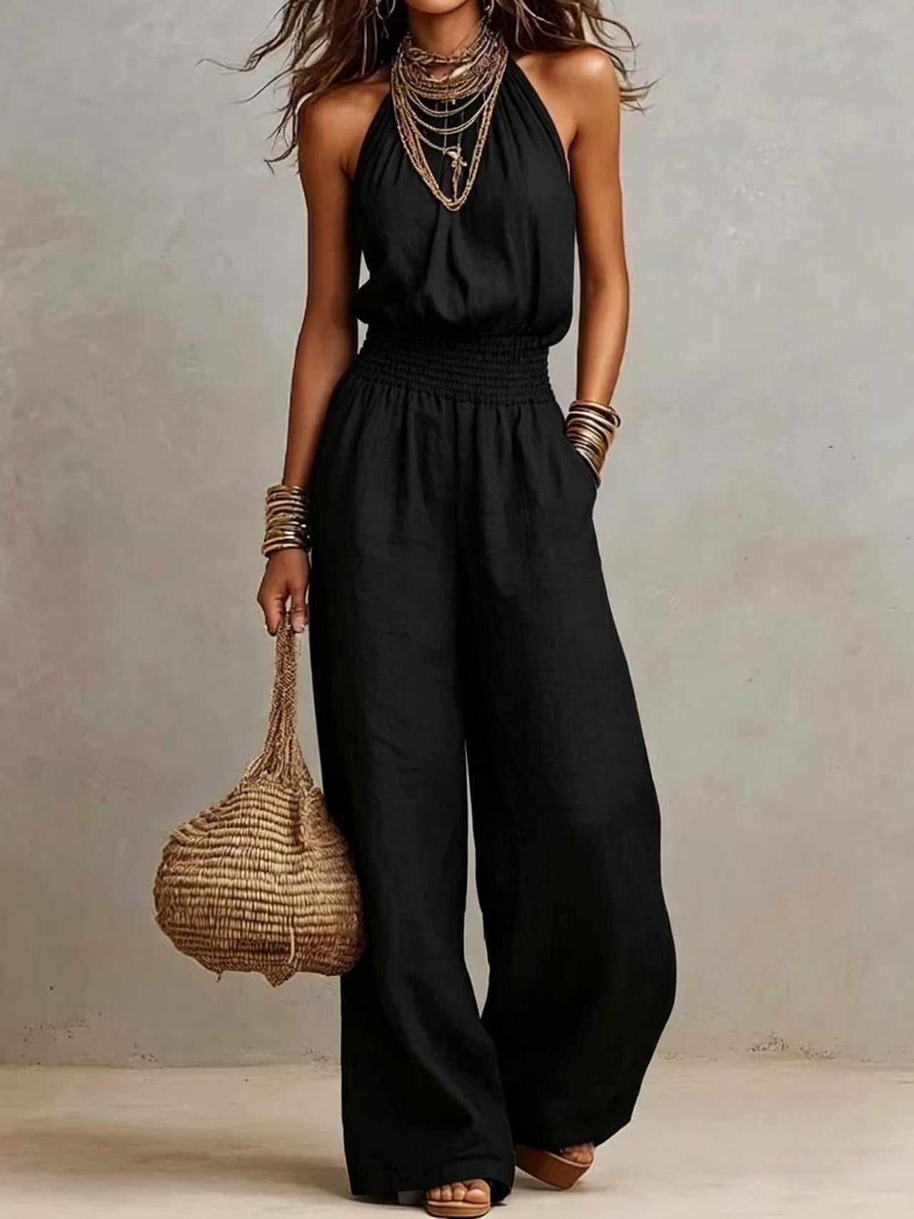 Durable Trendy Women's Sleeveless Linen Backless Women's Jumpsuit/clothing