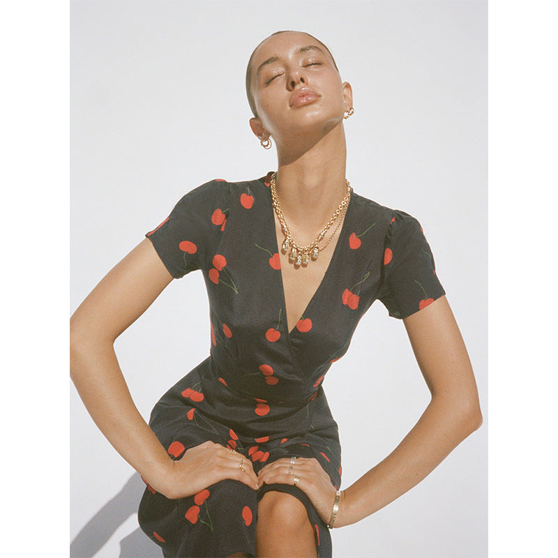 Women's Dress Sleeve Slim Waist Trimming Printing Dresses