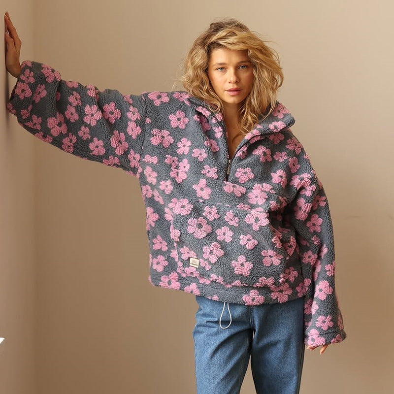 Women's Fashionable Faux Lamb Wool Printed Loose Sweaters