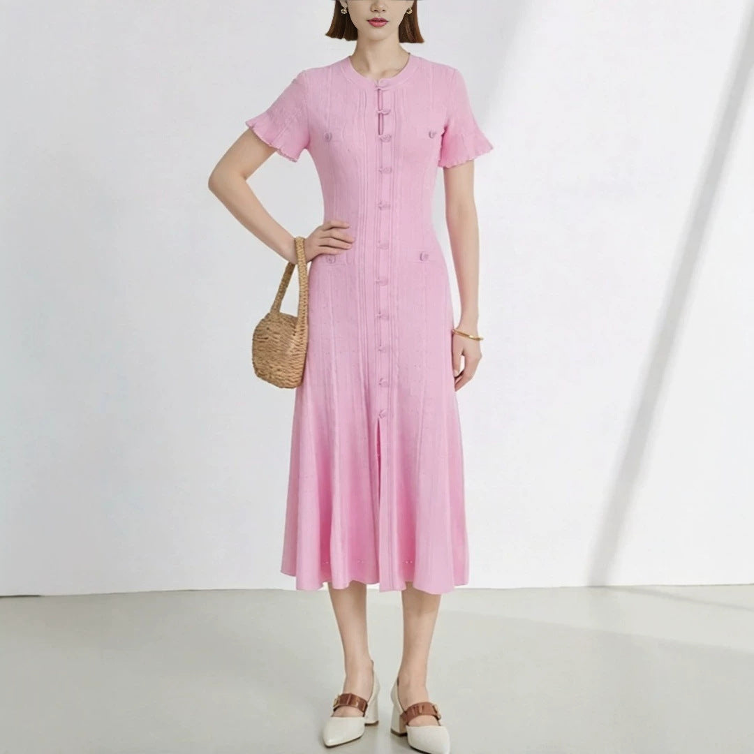 Women's High Quality French Style Temperament Sleeve Hollow Thread Single-breasted Dress