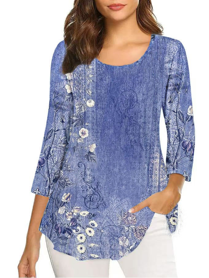 Autumn Three-quarter Sleeve Round Neck Printed Mid-length Bottoming Tops