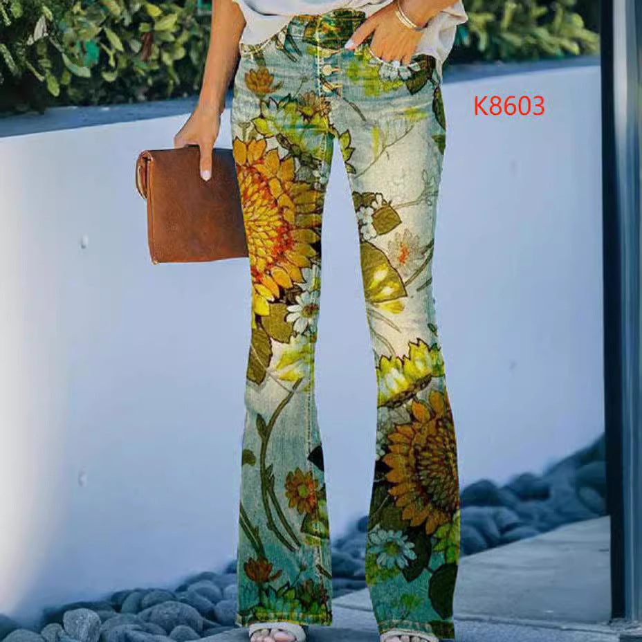 Elegant Slimming Digital Printing Imitation Denim Women's Jeans