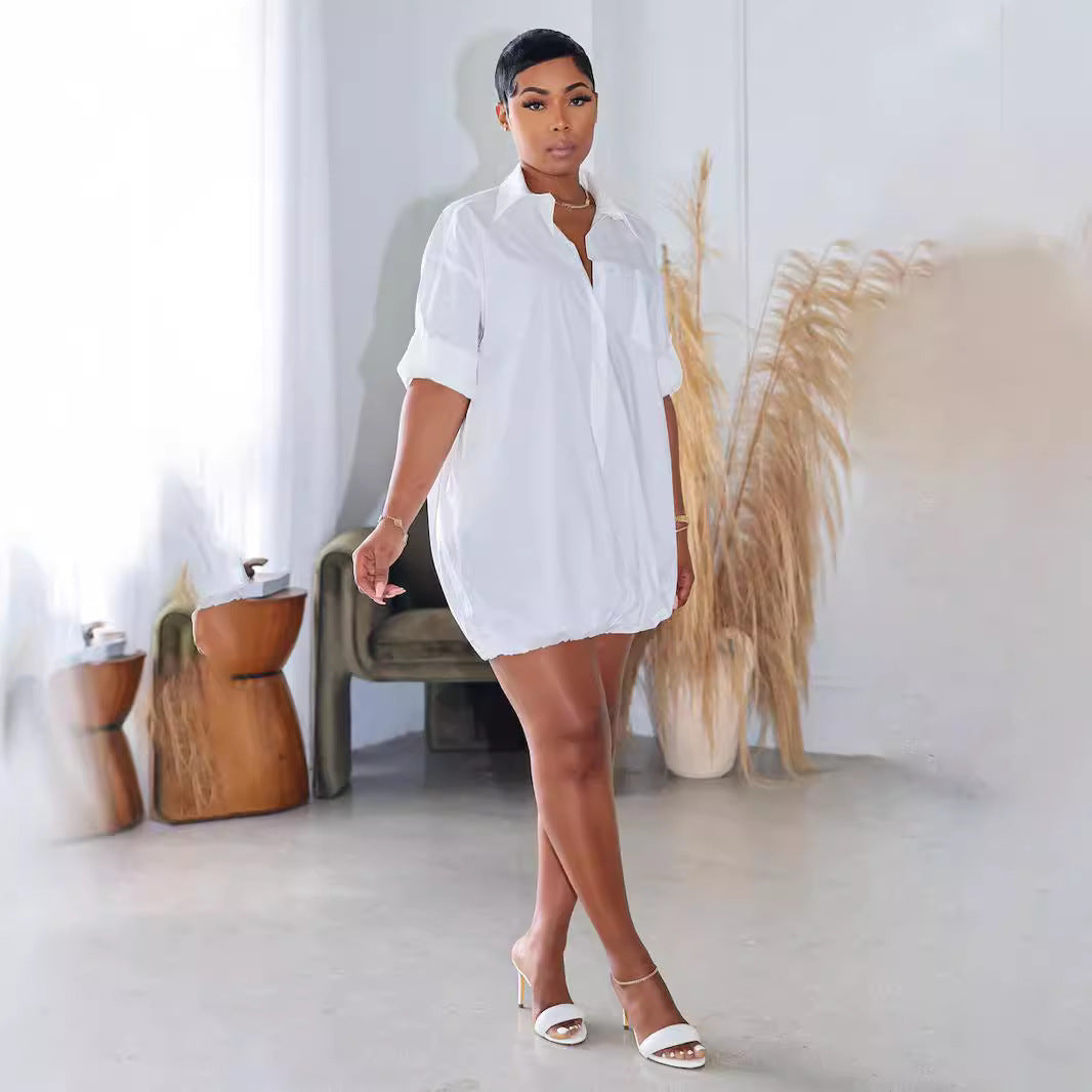 Women's Autumn Solid Color Buttons Loose Shirt Dresses