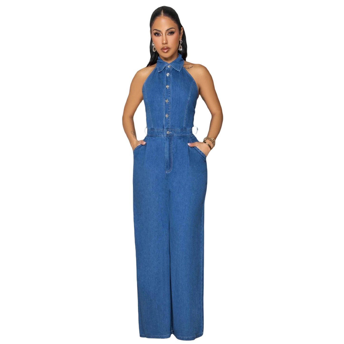 Women's High Elastic Sexy Backless Lapel Wide Jeans