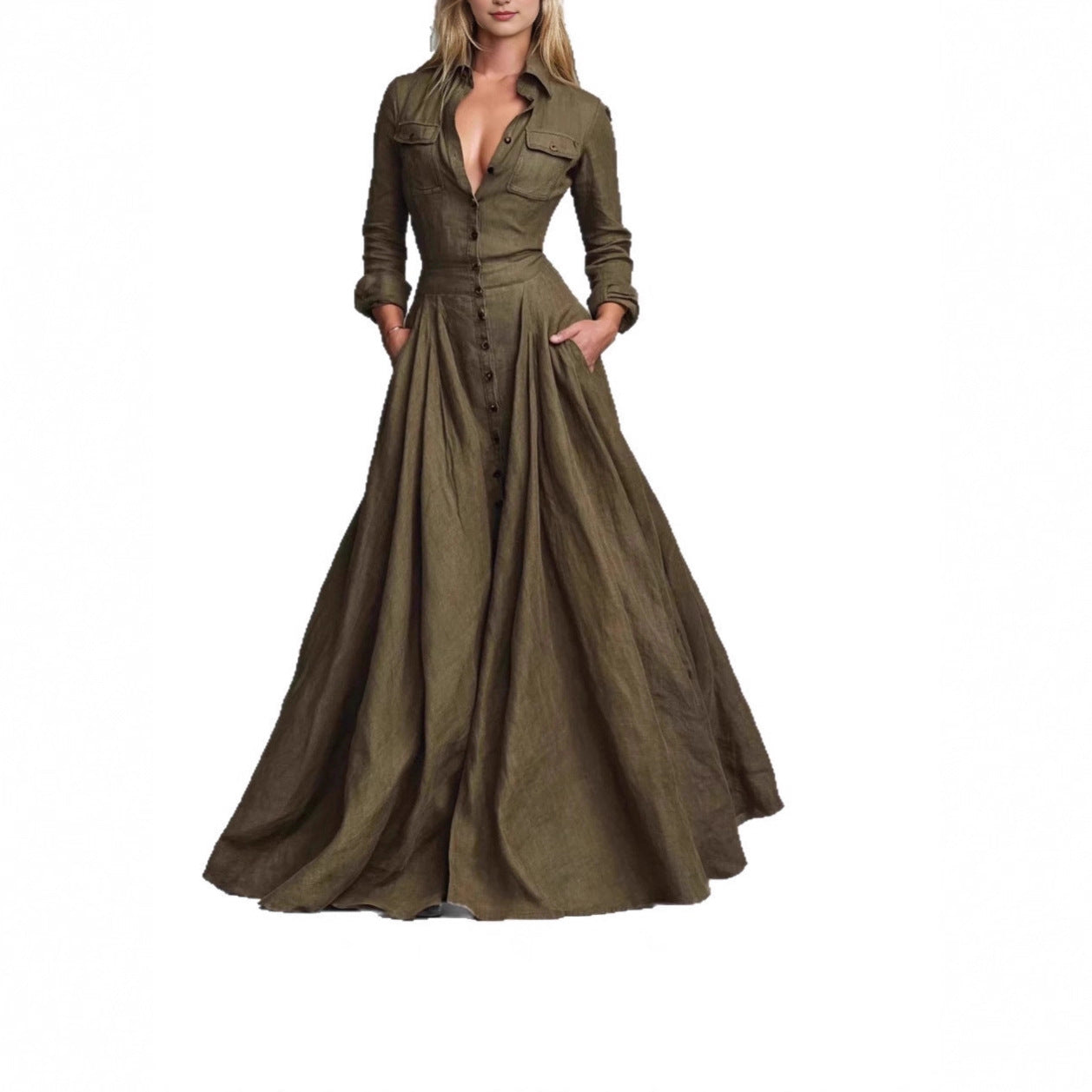 Women's Long Sleeve Lapel Dress Elegant High Waist Slimming Dresses
