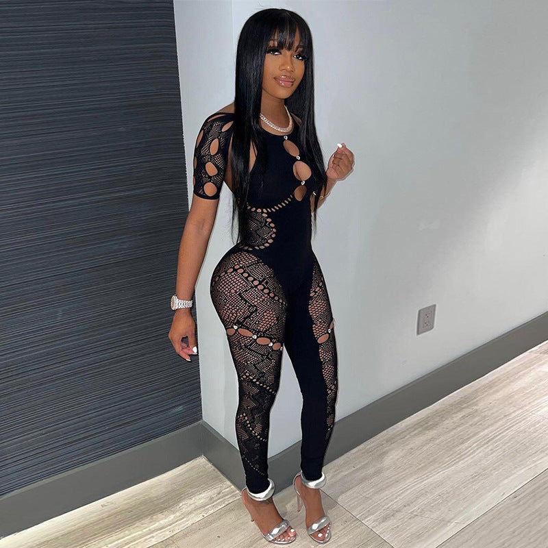 Women's Sleeve Sexy Nylon High Elastic Drilling Slim Jumpsuits