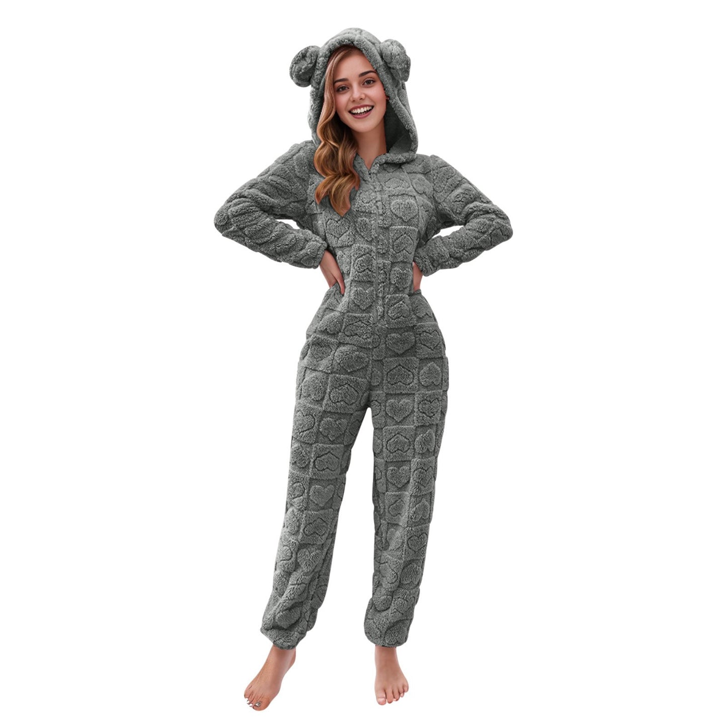 Women's Solid Color Fluff Zipper Hooded Ear Jumpsuits
