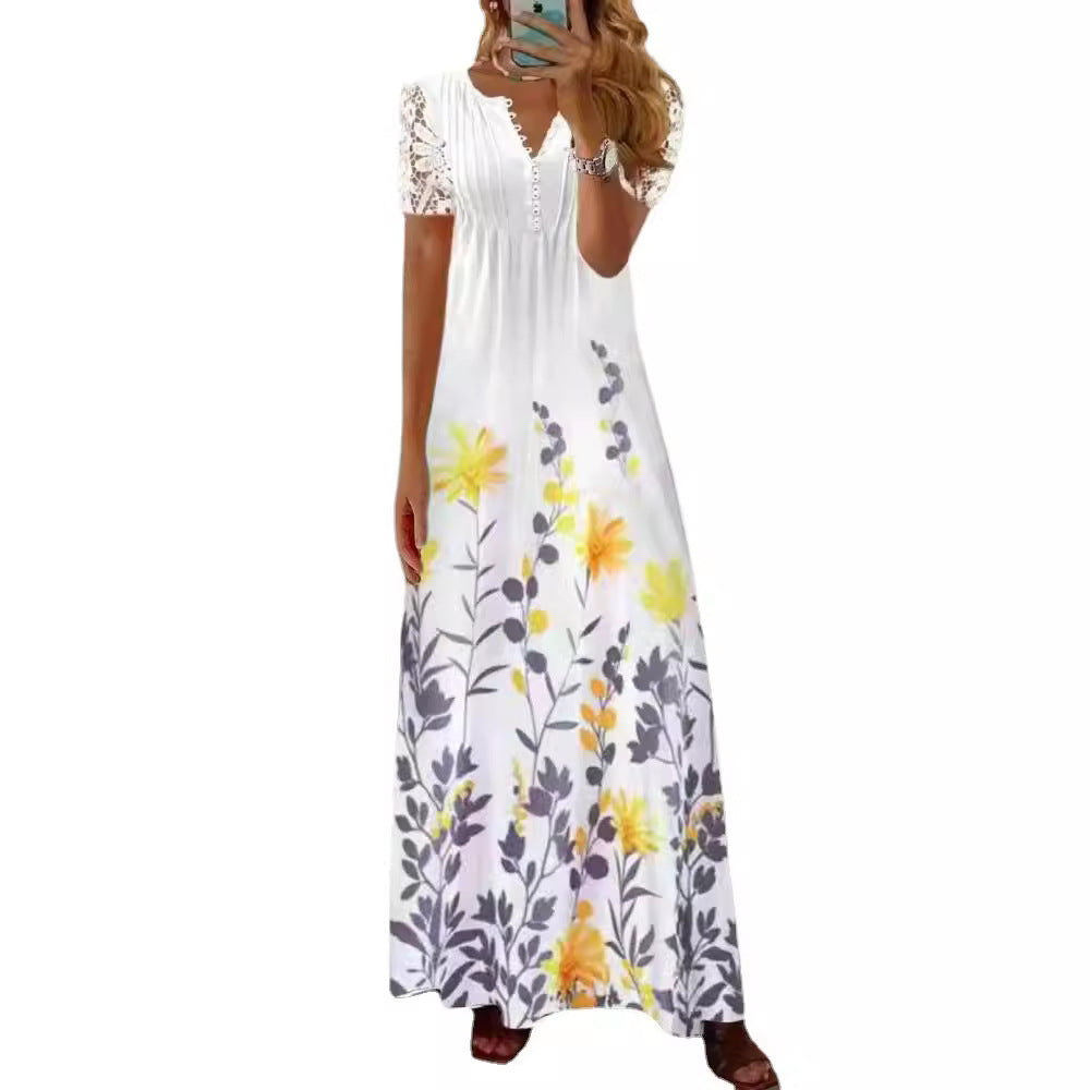Women's Summer Single Breasted Lace Ruffled Sleeves Dress