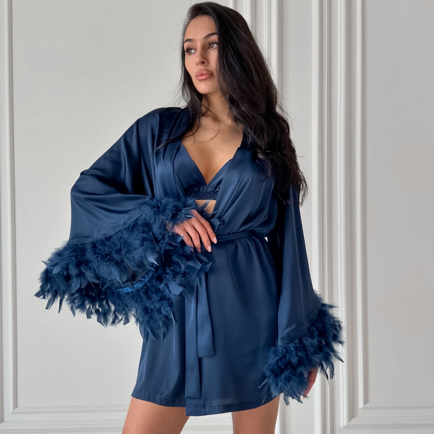 Women's Satin High-grade Stitching Feather Underwear Nightgown Suits