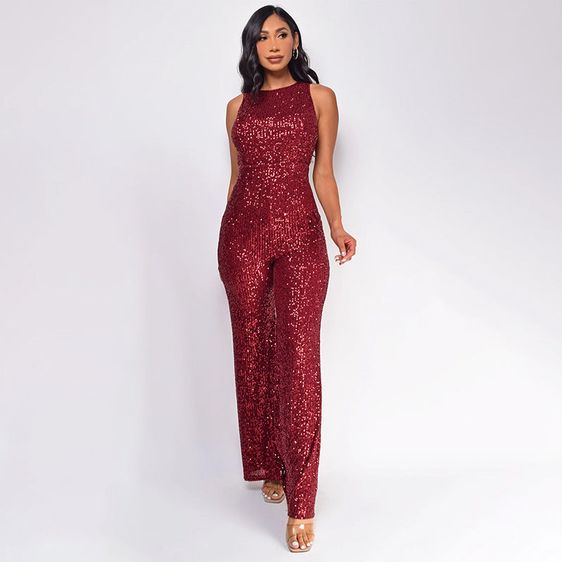 Women's Wind Sleeveless Sequined Round Neck Slim Jumpsuits
