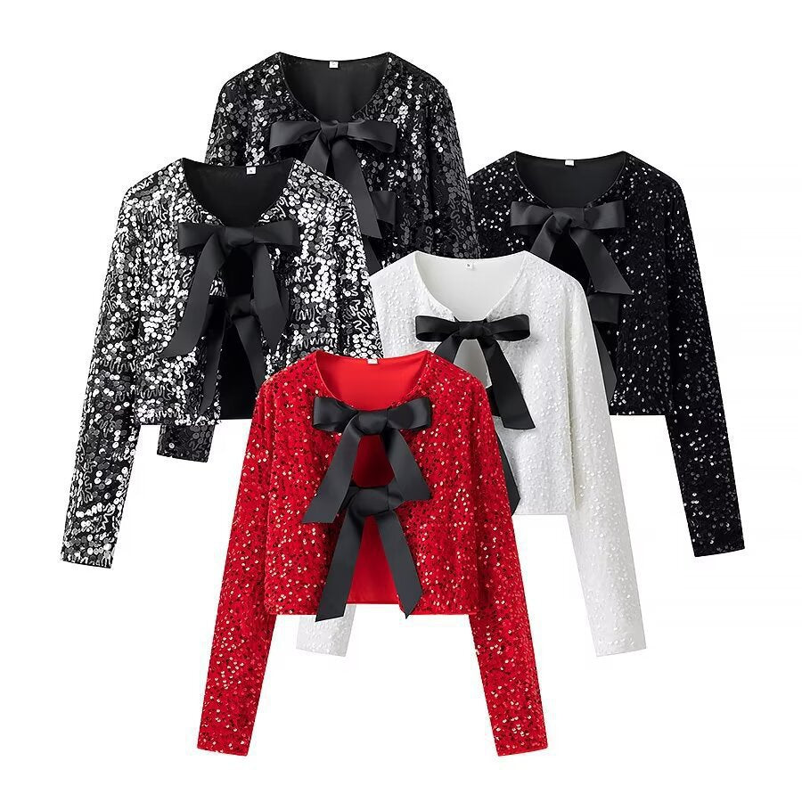 Women's Graceful Stylish Winter Bow Sequined Blouses