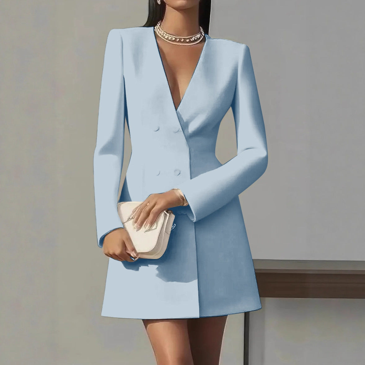 Women's Double Breasted Solid Color French Long-sleeved Dress