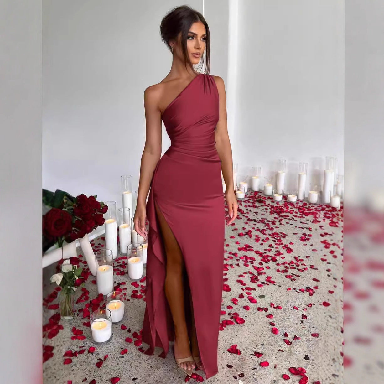 Pleated Split Sexy Short-sleeved Satin Summer Dress