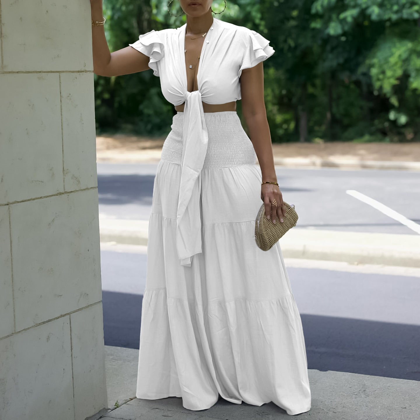 Graceful Sleeve Tied Wide Leg Two-piece Pants